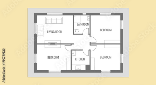 Overhead view of a detailed architectural floor plan for a residential property featuring a living room, kitchen, bathroom, and three bedrooms.