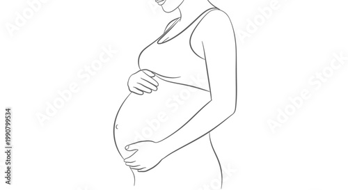 Line art drawing of a pregnant woman holding her baby bump, illustrating maternity and pregnancy.