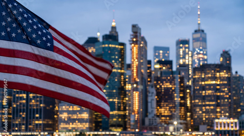 American flag waving in the foreground with a vibrant city skyline, for national identity and patriotic content, political and economic themes, city and infrastructure visuals