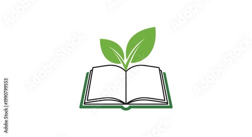 An open book with a green cover and white pages, featuring two vibrant green leaves growing from its spine, symbolizing learning and nature.