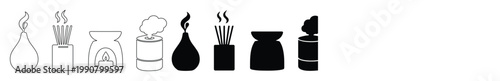 Aromatherapy icon set with 8 vector elements, scented candle and incense stick illustrations, black and white wellness spa symbols for branding