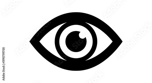 Stylized black eye symbol with pupil and iris on a clean white background, representing vision and observation.