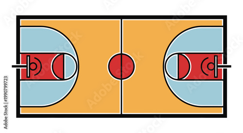 Overhead view of a regulation basketball court with distinct markings for game play, including the key, three-point lines, and center circle.