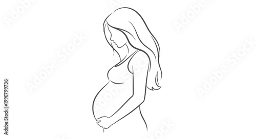 Elegant line art drawing of a pregnant woman gently cradling her baby bump, depicting motherhood and anticipation.