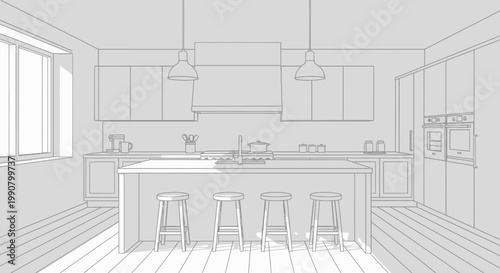 Detailed line drawing of a modern kitchen interior with an island, stools, and appliances, rendered in a minimalist architectural style.