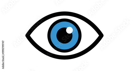 Simple graphic illustration of a human eye with a black outline and a vibrant blue iris, featuring a white pupil.