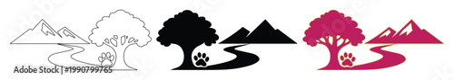 Minimalist nature landscape icons with mountains and trees, pet paw print trail in wilderness, outdoor adventure vector set in black and pink