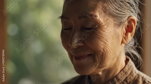 Elderly woman with closed eyes smiling.