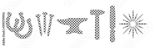 Vintage blacksmith tool icons with checkered pattern, rustic horseshoe and anvil vector set, industrial metalwork hammer and nails illustration