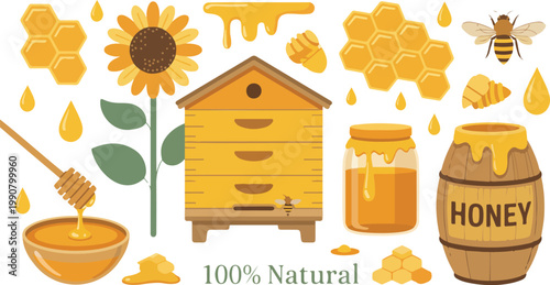 Organic honey and beekeeping collection featuring wooden beehive honey jars sunflowers and bees for natural food product packaging and farm market flat vector illustration
