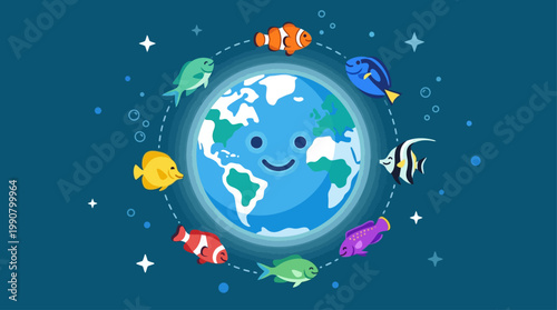 A vibrant flat design illustration portraying a clean Earth surrounded by cheerful fish, symbolizing a thriving marine ecosystem and the celebration of World Oceans Day.