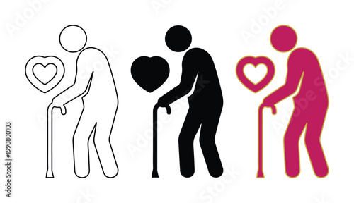 Elderly care icons set, senior citizen with walking stick and heart symbols, geriatric healthcare vector illustrations in black and pink