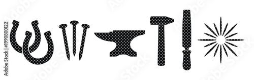 Vintage blacksmith tools vector set, rustic ironwork icons with horseshoe and anvil, traditional metalwork equipment silhouettes for craft branding