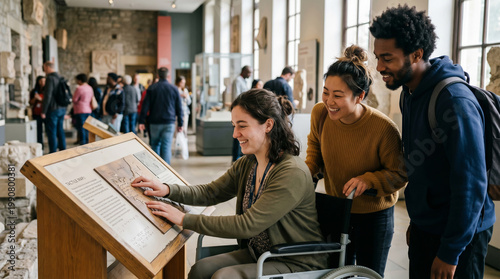 Woman in a wheelchair touching a tactile map in a museum, for editorial and accessibility concepts