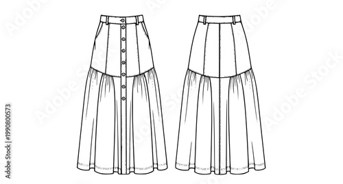Womens maxi godet skirt technical drawing front and back flared button detail fashion flat vector illustration