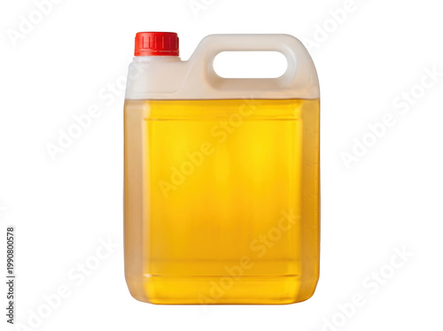 Bild auf Leinwand Large plastic jerrycan filled with yellow liquid red cap white handle isolated j