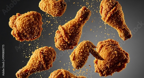 Crispy fried chicken pieces falling through the air