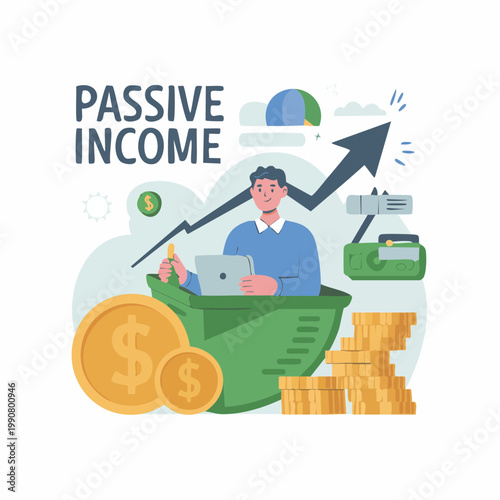Cartoon illustration of man generating passive income with laptop and 