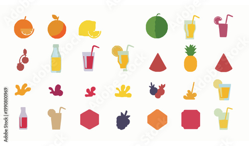 Juicy bar refreshing drink brand vector set with fruit juice elements and beverage icons