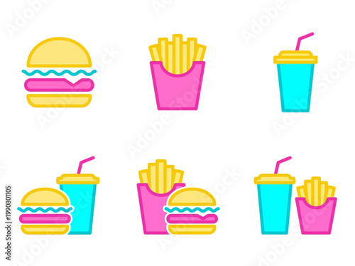 Vibrant diner fast food icon pack featuring burgers, french fries, and drinks with straws in a modern, neon-inspired graphic style.