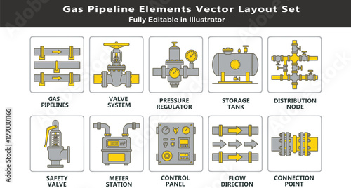 Gas distribution system vector icons set, top view pipeline layout symbols, valves, regulators, storage tank, meter station, control panel CAD