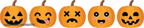Cute Halloween pumpkin characters set with different facial expressions jack o lantern cartoon faces flat vector illustration on white