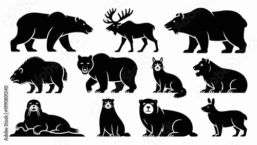 Big Mammals of Northern Lands Silhouette Set – Arctic and Boreal Wildlife Vector Collection