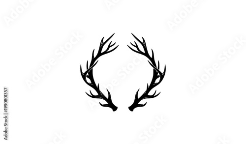 Decorative elk antlers silhouette vector badge with curved deer horns in minimal flat black style isolated on white background