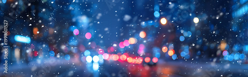 Abstract Urban Night Scene with Bokeh Lights and Snowfall.