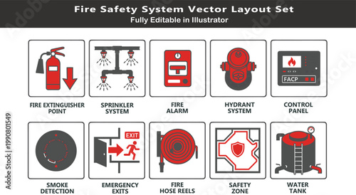 Fire protection system vector icons set, top view safety layout symbols, extinguisher points, sprinklers, alarms, hydrants, emergency exits CAD plan