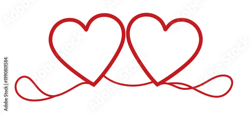 Two Red Hearts Connected by a Continuous Line on White Background.