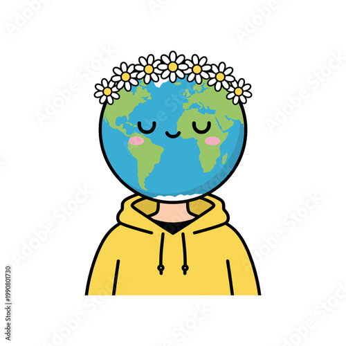 Canvas Print Earth character wearing flower crown and yellow hoodie