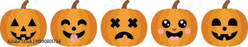 Cute Halloween pumpkin characters set with different facial expressions jack o lantern cartoon faces flat vector illustration on white