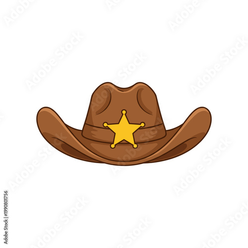 Brown cowboy hat with gold sheriff star badge on white background, keywords: cowboy hat, western