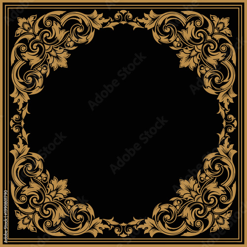 Elegant Gold Baroque Floral Frame on Black Background