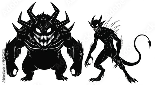 Black devil monsters, evil creatures, fantasy beasts, vector illustrations, dark characters