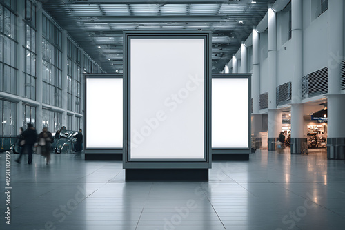 Three Blank Vertical Billboards in a Modern Airport Concourse.