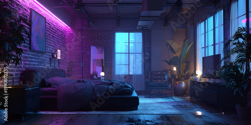 Futuristic Bedroom Interior with Neon Lighting and Urban Loft Aesthetic.