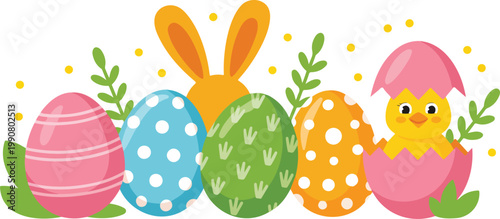 Cute Easter eggs illustration with colorful patterns and hatching chick decorative spring elements flat minimalist vector design on white