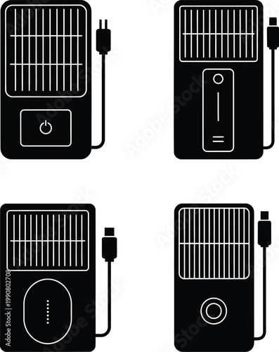 Portable fan icon set with USB powered handheld and desk cooling devices isolated on white background, personal air cooler silhouette collection