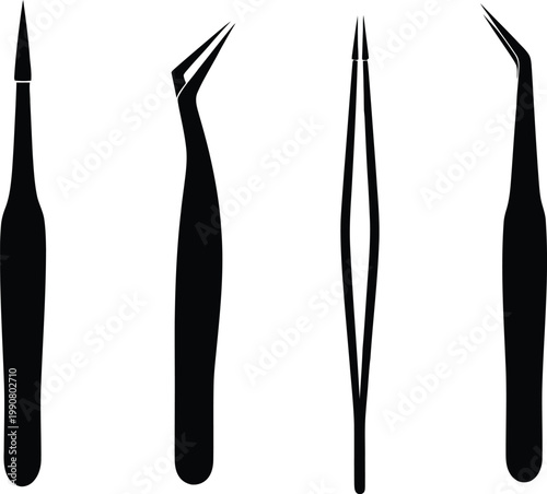 Professional tweezers icon set with slanted and pointed tip tools isolated on transparent background, precision forceps for beauty, medical and repair work