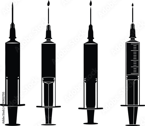 Medical syringe and hypodermic needle icon set isolated on transparent background, injection tool and vaccination healthcare symbol collection