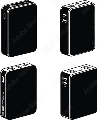 Power bank collection portable battery charger icons isolated on transparent background, mobile charging device and external battery logo set