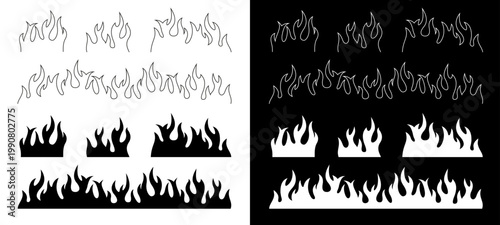 Flame silhouettes set, black and white flame, burning fire aesthetics