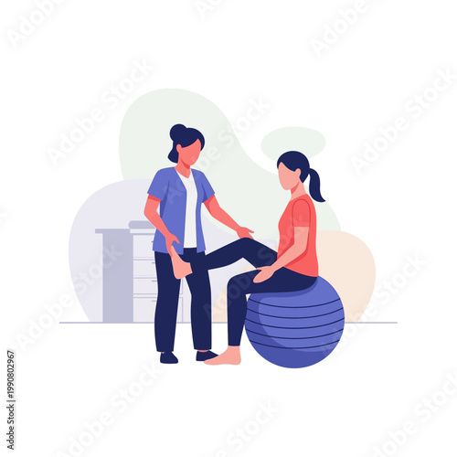 Physical therapist assisting a patient with leg exercises on a fitness ball in a clinic setting.