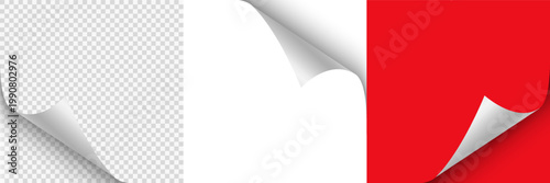 Blank page with curled edge corner and shadow, rolled up stickers set, peel banners, bent sheet, page curl sheet, curled page corner isolated