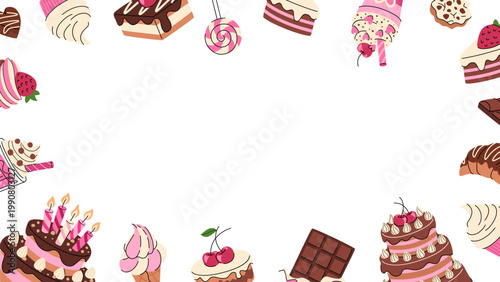 Sweet frame background. Candies, sweets, cookies, ice cream, cakes and chocolate sweet background.