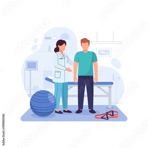 Physical therapist assisting a male patient during a rehabilitation session in a clinic setting with exercise equipment.