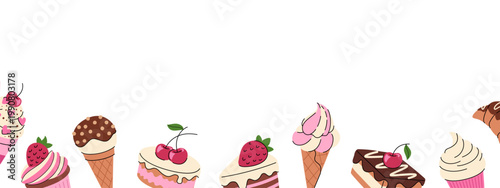Cute background with sweet holiday cupcakes, cakes, croissants, and ice cream. Sweet food background.