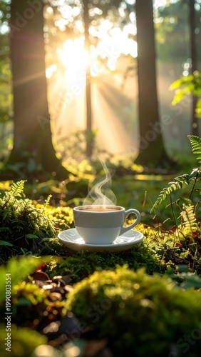 Steaming Cup Of Coffee On A Mossy Forest Floor With Morning Sunlight Streaming Through The Trees In A Serene Woodland Setting